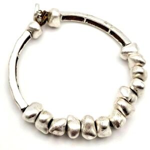 Silvertone Nugget Beads and Bar Stretch Bracelet with Button Closure